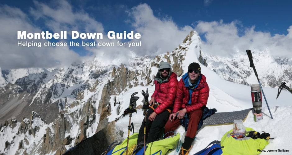 Montbell Down Guide — climbers in Montbell down jackets at a snowy high camp