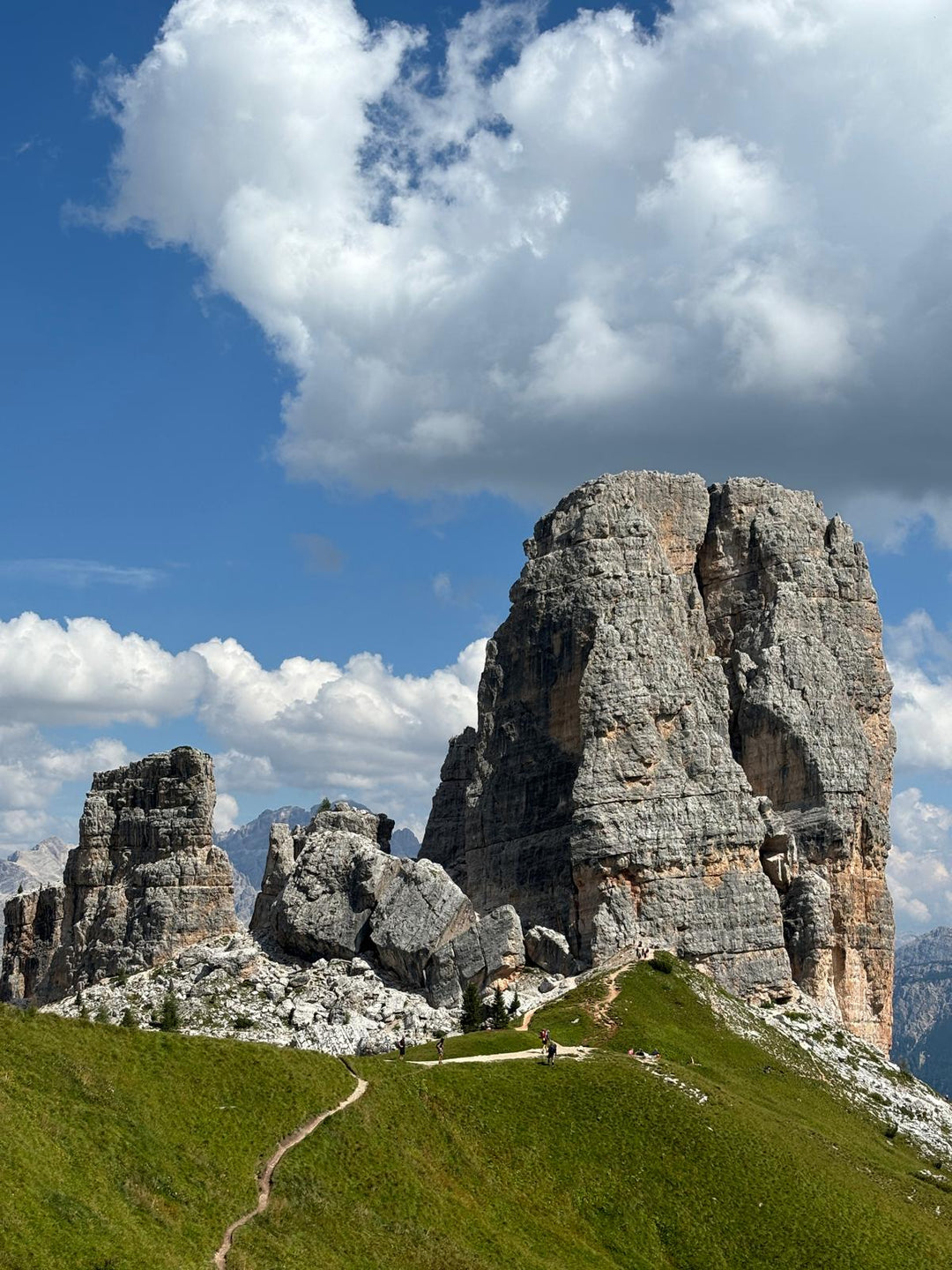 The Cinque Torri rock towers in the Dolomites, Italy, seen from the walking trail on a clear summer day