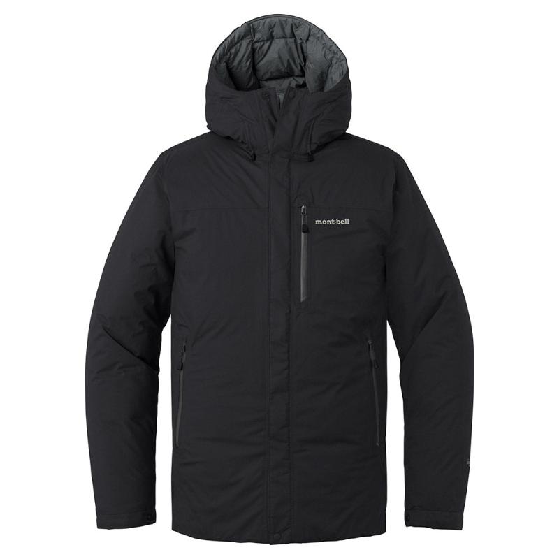 Montbell Men's Aspen Down Half-Length Coat in Black, showcasing its sleek, waterproof urban design.