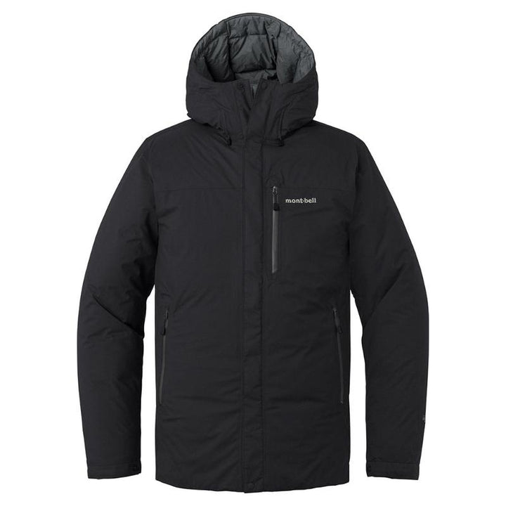 Montbell Men's Aspen Down Half-Length Coat in Black, showcasing its sleek, waterproof urban design.