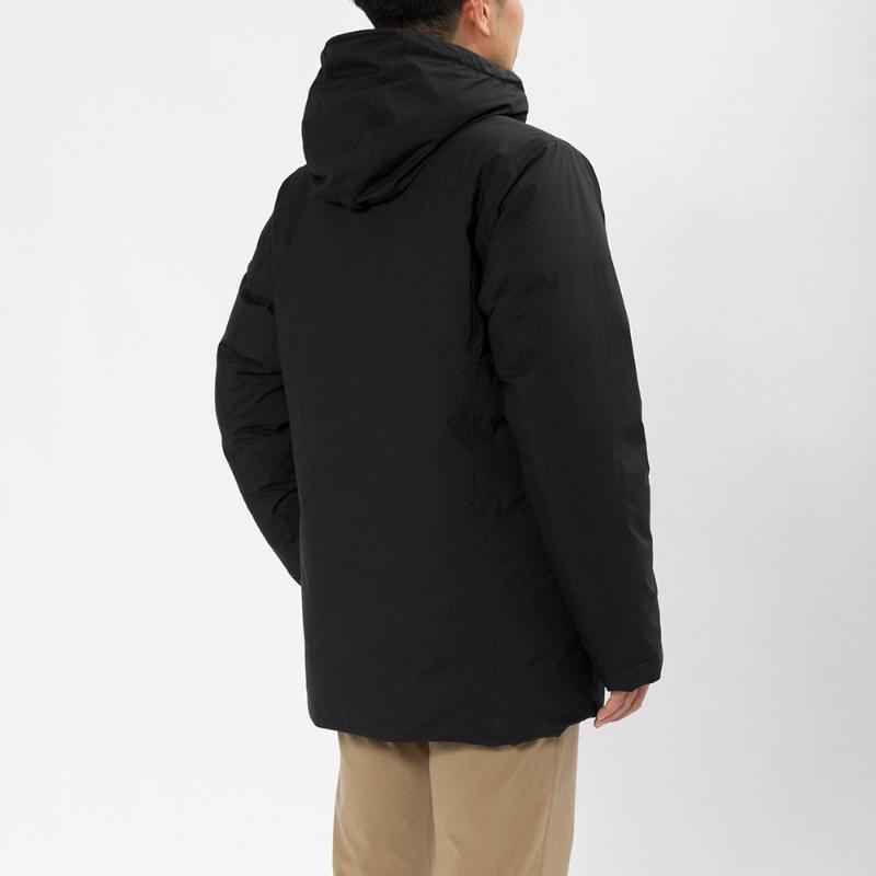Montbell Men's Aspen Down Half-Length Coat in Black, showcasing its sleek, waterproof urban design. 