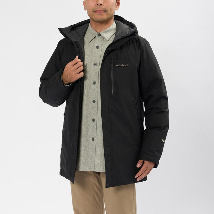 Montbell Men's Aspen Down Half-Length Coat in Black, showcasing its sleek, waterproof urban design.