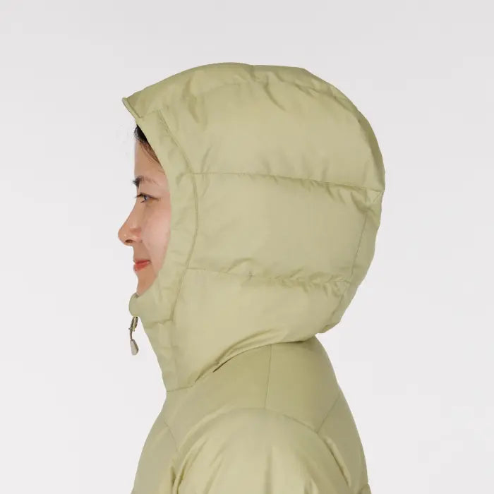 Montbell Cortina Down Coat Women's in tan, hood detail