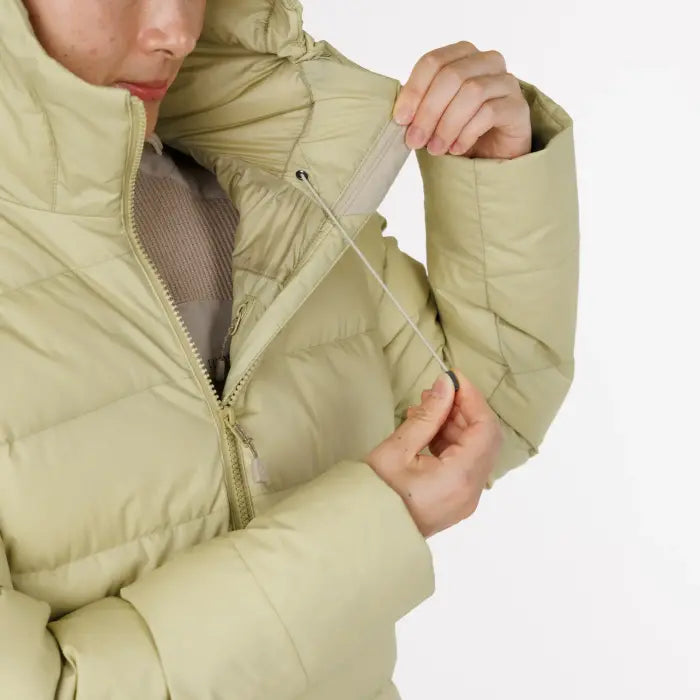 Montbell Cortina Down Coat Women's in tan, hood adjustment detail