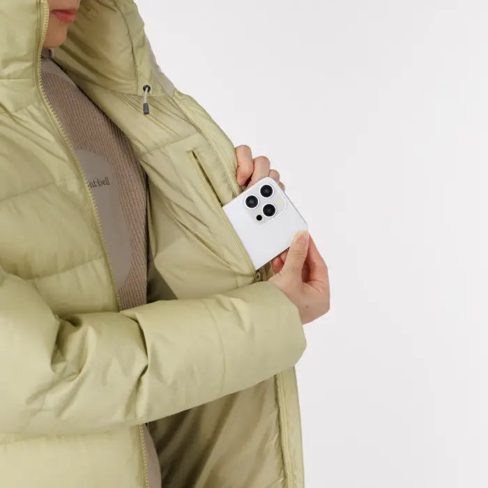 Montbell Cortina Down Coat Women's in tan, internal pocket detail