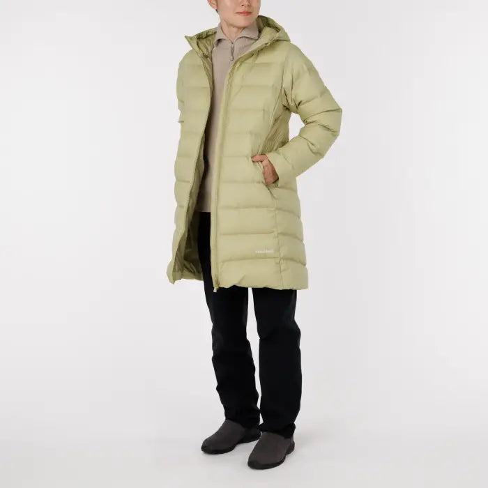 Montbell Cortina Down Coat Women's in tan, worn by a model