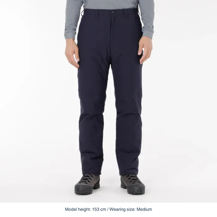 Montbell Men's O.D. Insulated Pants with Belt Loops in navy, showcasing a regular fit and durable ripstop exterior.