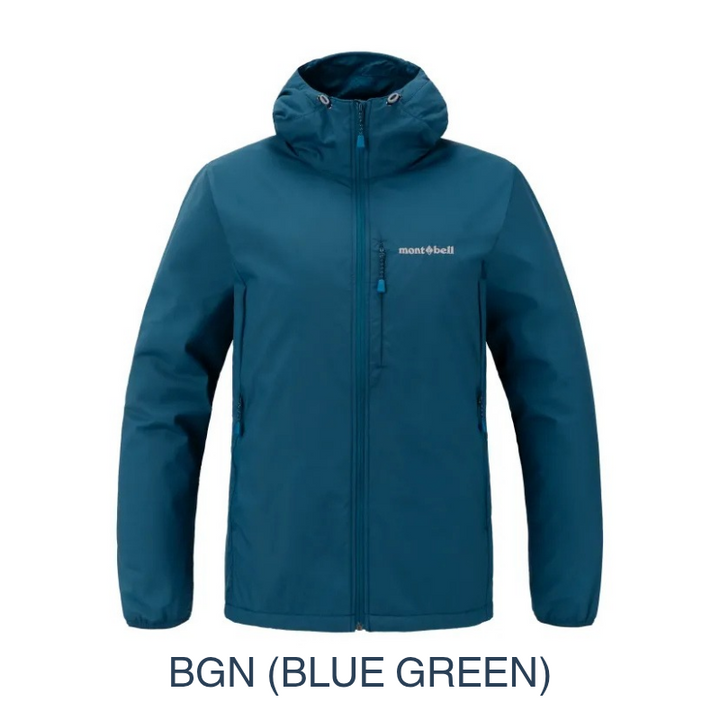 A hooded full-zip jacket in a blue-green tone, shown on a plain white background with the text 'BGN (BLUE GREEN)' below it. The jacket has a small white 'mont-bell' logo on the left chest.