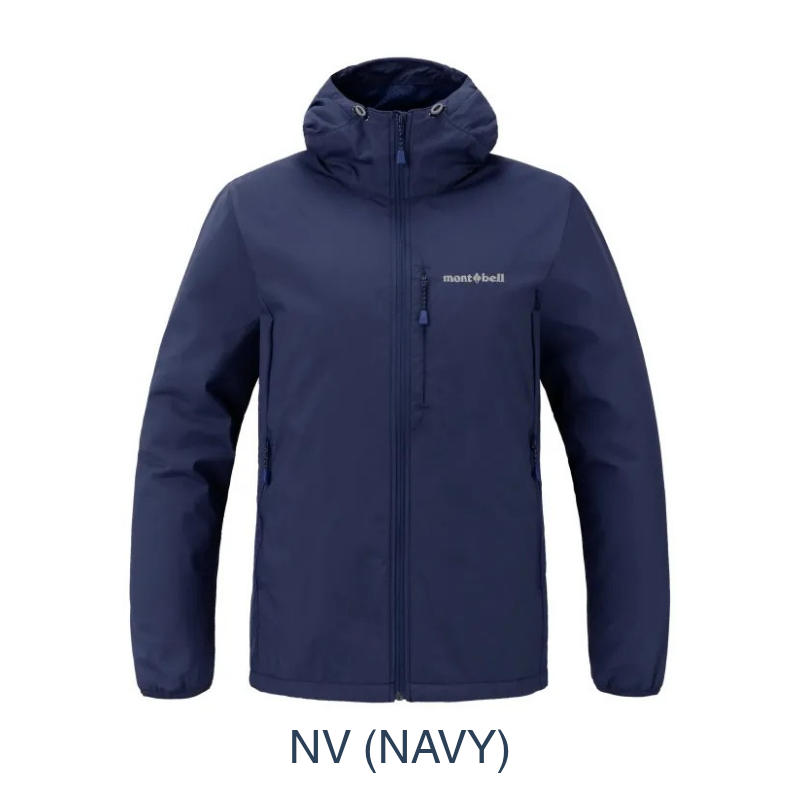 A navy blue hooded jacket with a full front zipper, zippered hand pockets, and a small white 'mount & bell' logo on the left chest, shown on a plain white background with the text 'NV (NAVY)' below.