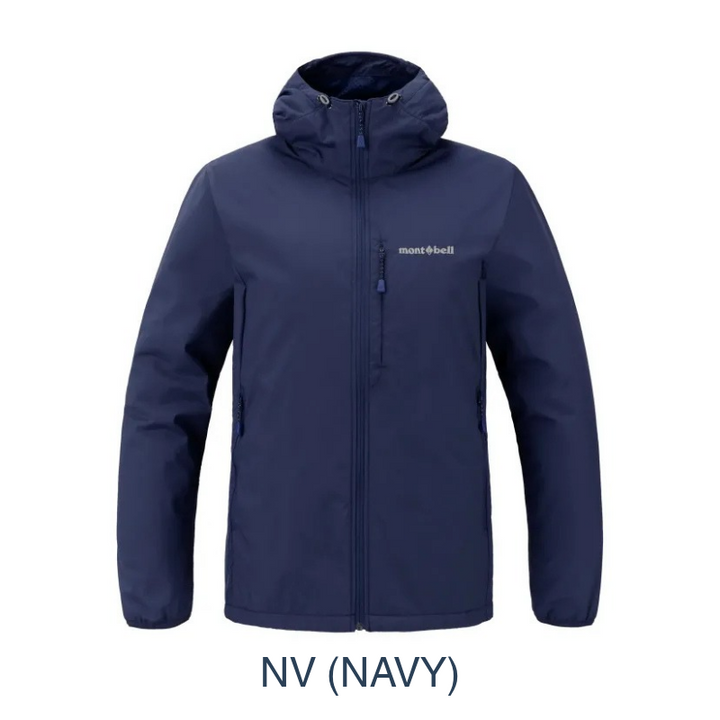 A navy blue hooded jacket with a full front zipper, zippered hand pockets, and a small white 'mount & bell' logo on the left chest, shown on a plain white background with the text 'NV (NAVY)' below.