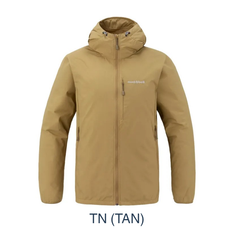 A tan hooded jacket with a full front zipper and zippered hand pockets, shown on a plain white background with the text 'TN (TAN)' below it. The brand name 'mount-bain' is visible on the left chest.