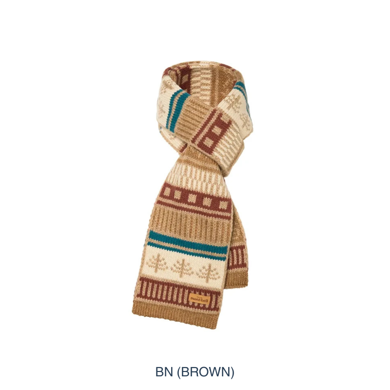Montbell Knit Muffler folded neatly, showcasing its soft knit construction and classic design.