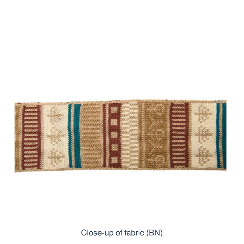 A close-up of a woven textile with a Southwestern geometric pattern in beige, brown, and teal, labeled 'Close-up of fabric (BN)' on a white background.