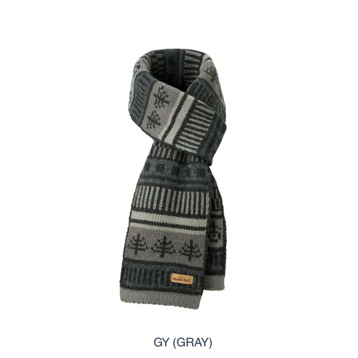 Montbell Knit Muffler folded neatly, showcasing its soft knit construction and classic design.