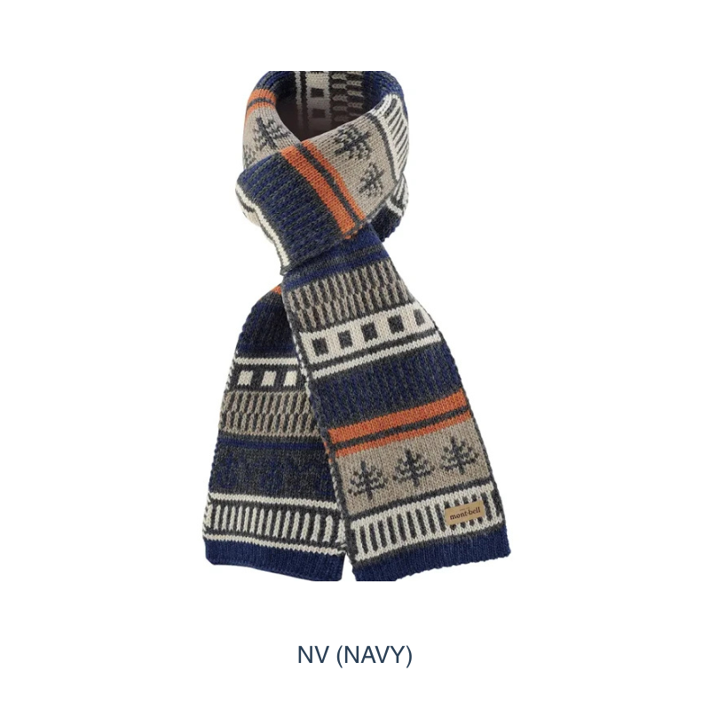 Montbell Knit Muffler folded neatly, showcasing its soft knit construction and classic design.