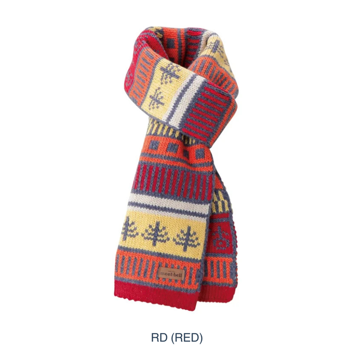 Montbell Knit Muffler folded neatly, showcasing its soft knit construction and classic design.