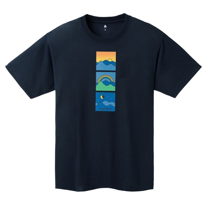 A navy Montbell T-shirt with a graphic print featuring a rainbow, mountains, and a moon on the front.