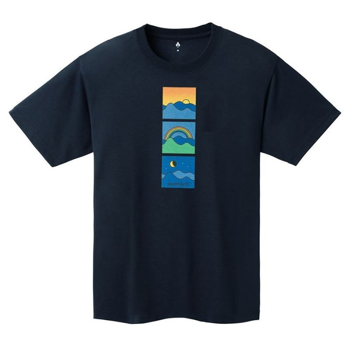 A navy Montbell T-shirt with a graphic print featuring a rainbow, mountains, and a moon on the front.