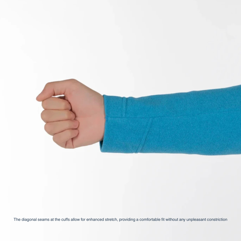 Montbell Men's Fleece Jacket in blue sleeve, showcasing its clean lines and comfortable, easy-wear fit.
