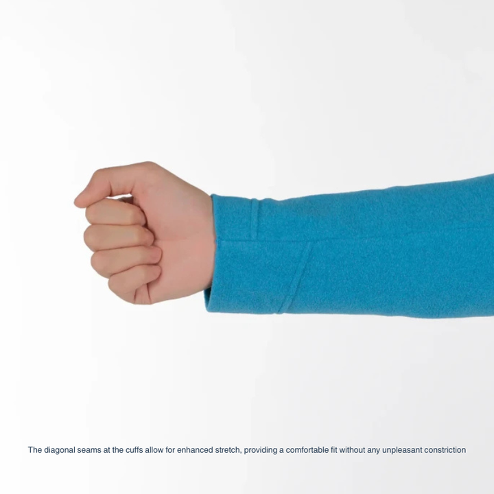 Montbell Men's Fleece Jacket in blue sleeve, showcasing its clean lines and comfortable, easy-wear fit.