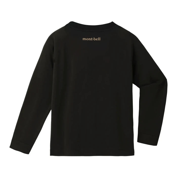 Montbell Kids' Wickron Long Sleeve T Monta Bear Face in black, back view