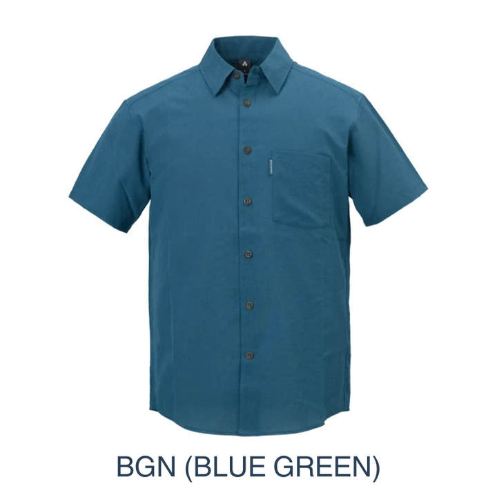 Montbell Men's Wickron Breeze Short Sleeve Shirt in blue green, a lightweight and highly breathable outdoor shirt designed for warm-weather trekking.