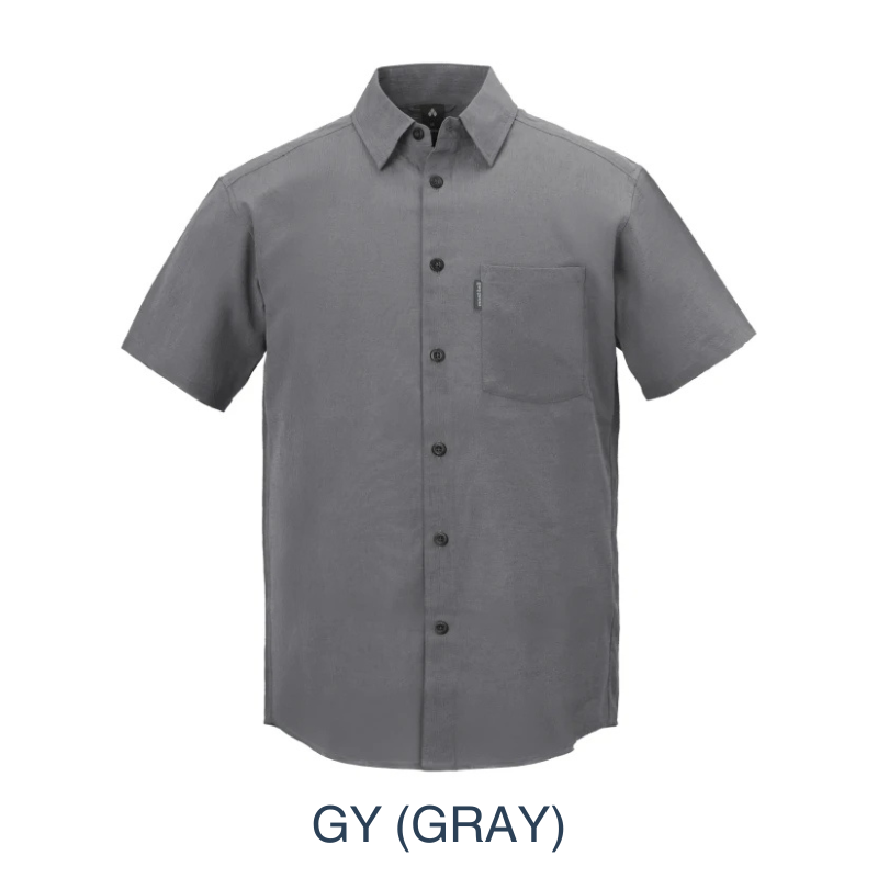 Montbell Men's Wickron Breeze Short Sleeve Shirt in gray, a lightweight and highly breathable outdoor shirt designed for warm-weather trekking.