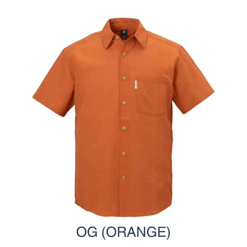 Montbell Men's Wickron Breeze Short Sleeve Shirt in orange, a lightweight and highly breathable outdoor shirt designed for warm-weather trekking.