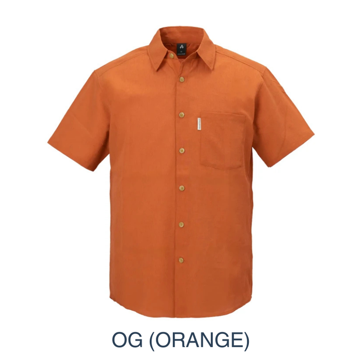Montbell Men's Wickron Breeze Short Sleeve Shirt in orange, a lightweight and highly breathable outdoor shirt designed for warm-weather trekking.
