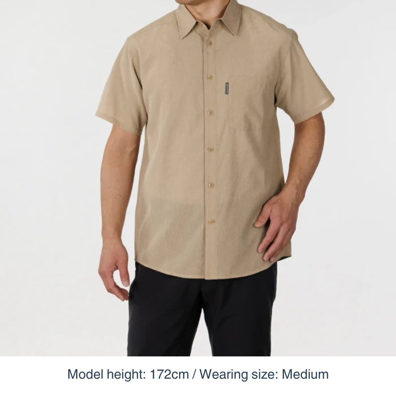 Montbell Men's Wickron Breeze Short Sleeve Shirt in tan, a lightweight and highly breathable outdoor shirt designed for warm-weather trekking.