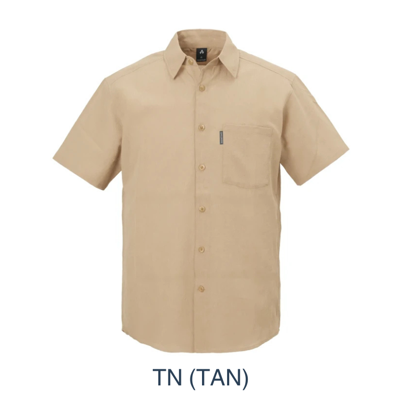 Montbell Men's Wickron Breeze Short Sleeve Shirt in tan, a lightweight and highly breathable outdoor shirt designed for warm-weather trekking.