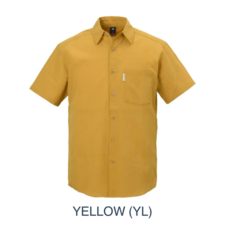 Montbell Men's Wickron Breeze Short Sleeve Shirt in yellow, a lightweight and highly breathable outdoor shirt designed for warm-weather trekking.