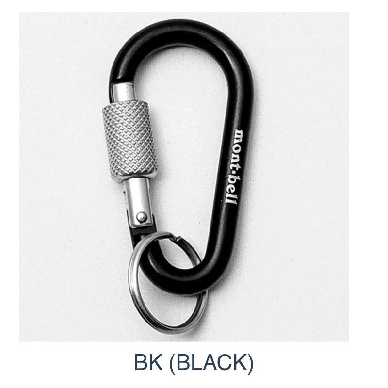 Montbell Key Carabiner Lock Nasu-Kan 6 in Black, showcasing its sleek aluminum body and secure locking gate.