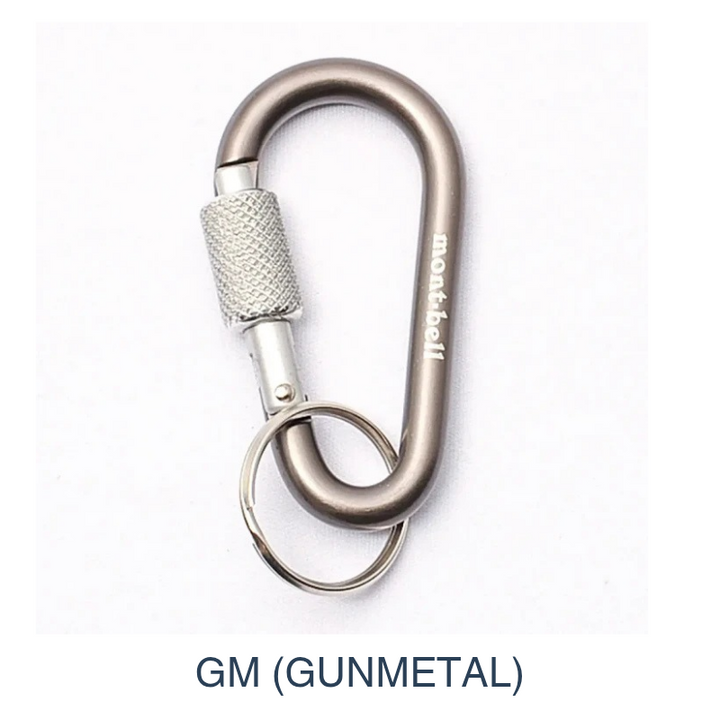 Montbell Key Carabiner Lock Nasu-Kan 6 in gunmetal, showcasing its sleek aluminum body and secure locking gate.