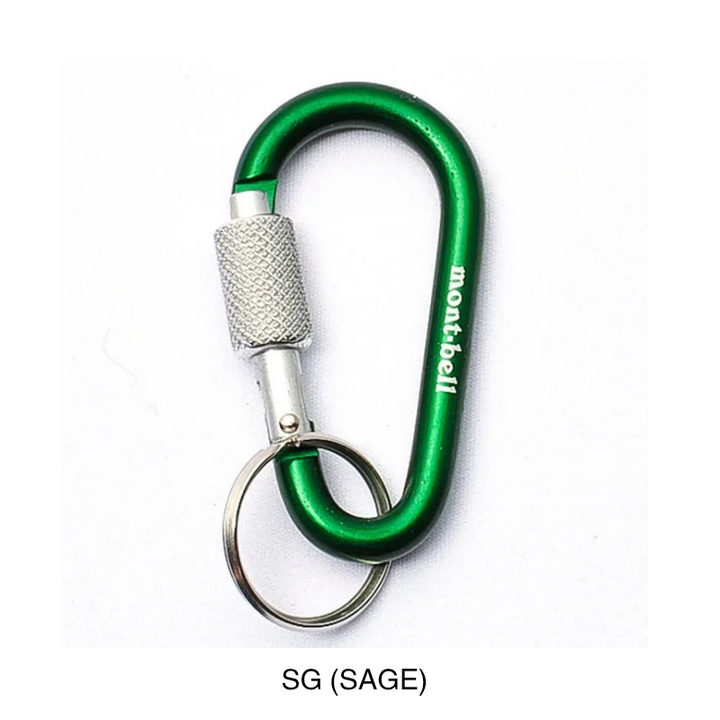 Montbell Key Carabiner Lock Nasu-Kan 6 in Sage, showcasing its sleek aluminum body and secure locking gate.