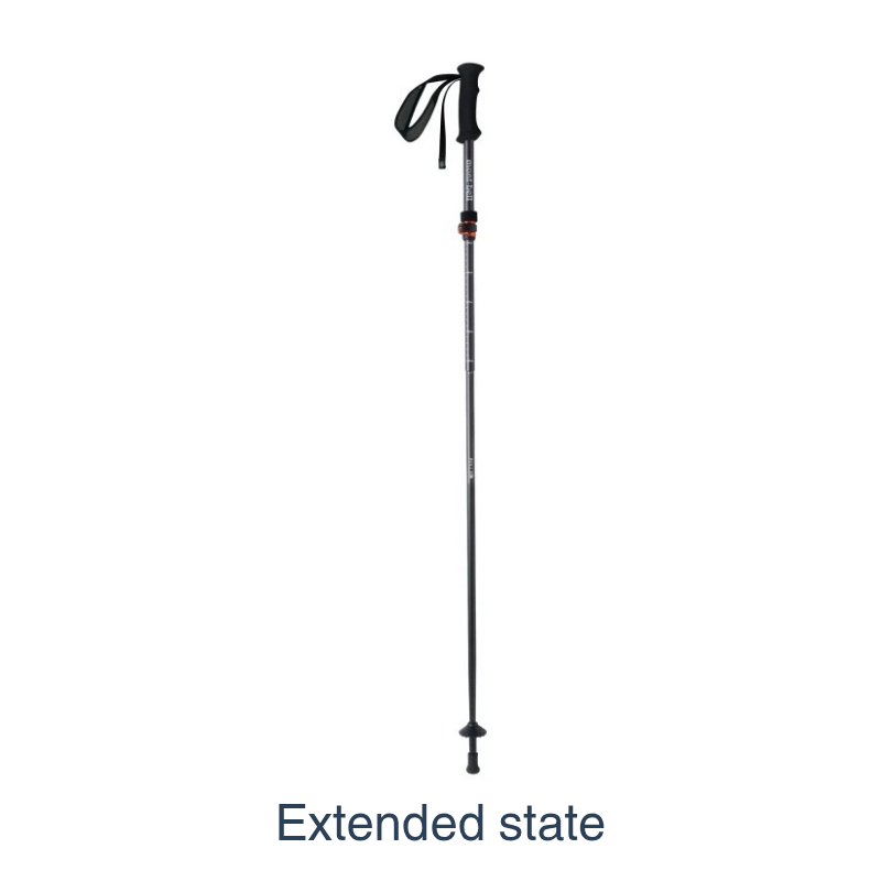 Montbell Alpine Folding Pole 120 in extended positions, showing the cam lock and EVA grip.  