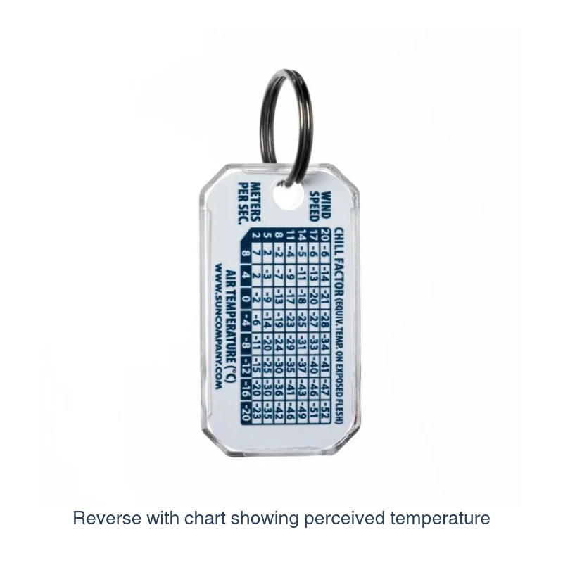 Small size, big intelligence: The Therm-O-Compass provides essential orientation and temperature data in a rugged, luminous, and featherweight zipper-pull format.