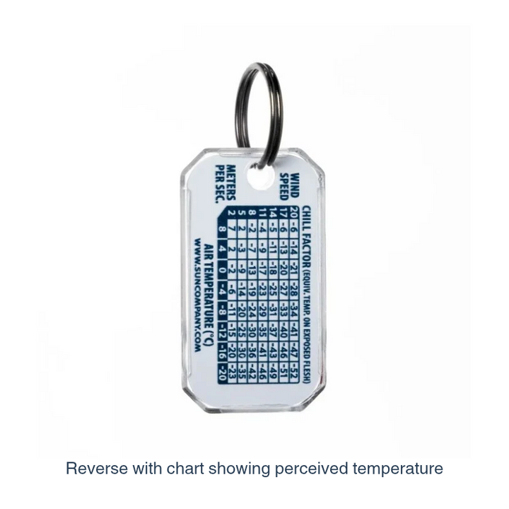 Small size, big intelligence: The Therm-O-Compass provides essential orientation and temperature data in a rugged, luminous, and featherweight zipper-pull format.