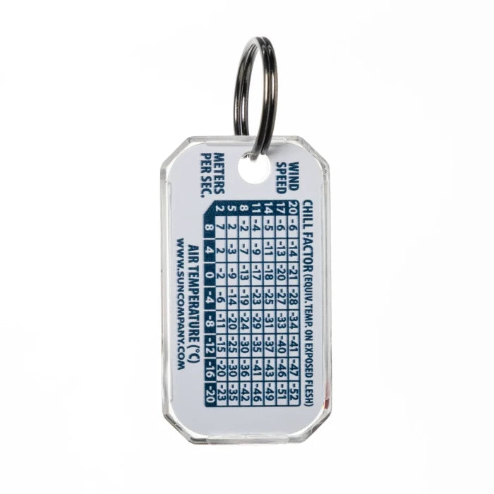 Montbell Luma Gage keychain showcasing the dual thermometer and compass design with the Montbell logo.