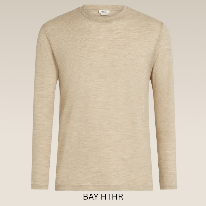 Icebreaker Unisex 150 Long Sleeve Tee showcasing its classic crew neck design and lightweight Merino wool construction.