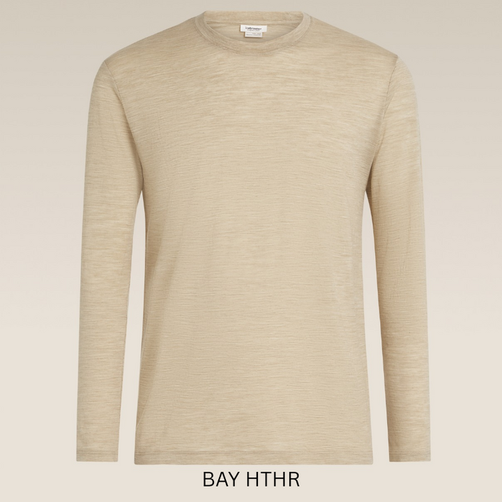 Icebreaker Unisex 150 Long Sleeve Tee showcasing its classic crew neck design and lightweight Merino wool construction.