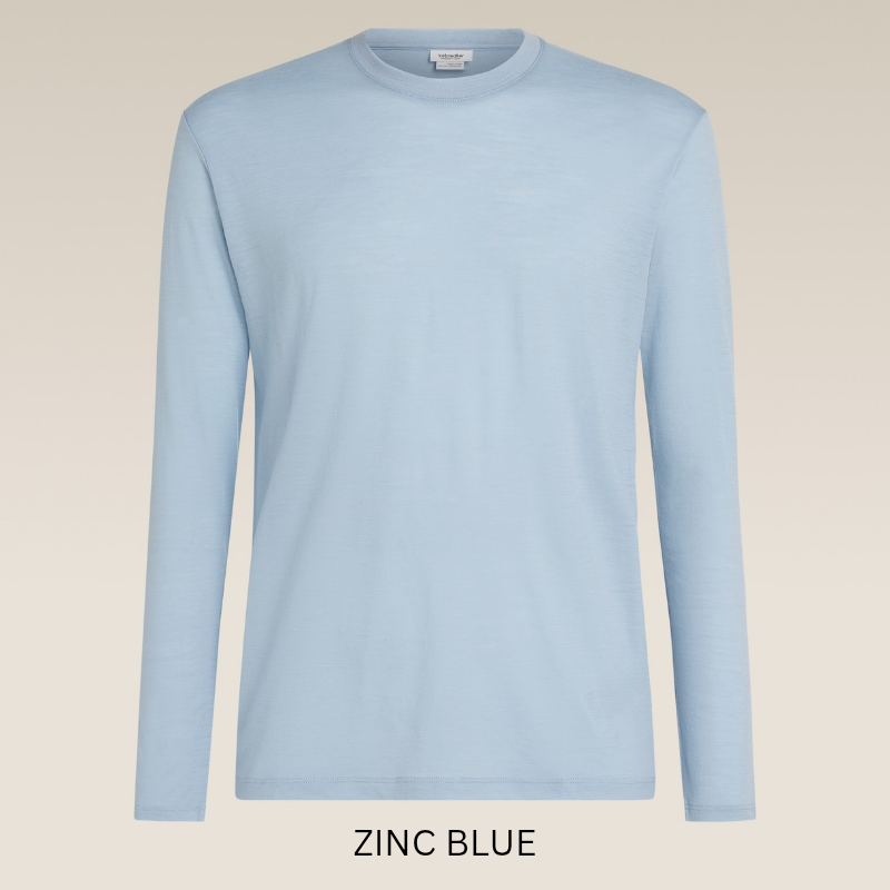 Icebreaker Unisex 150 Long Sleeve Tee showcasing its classic crew neck design and lightweight Merino wool construction.