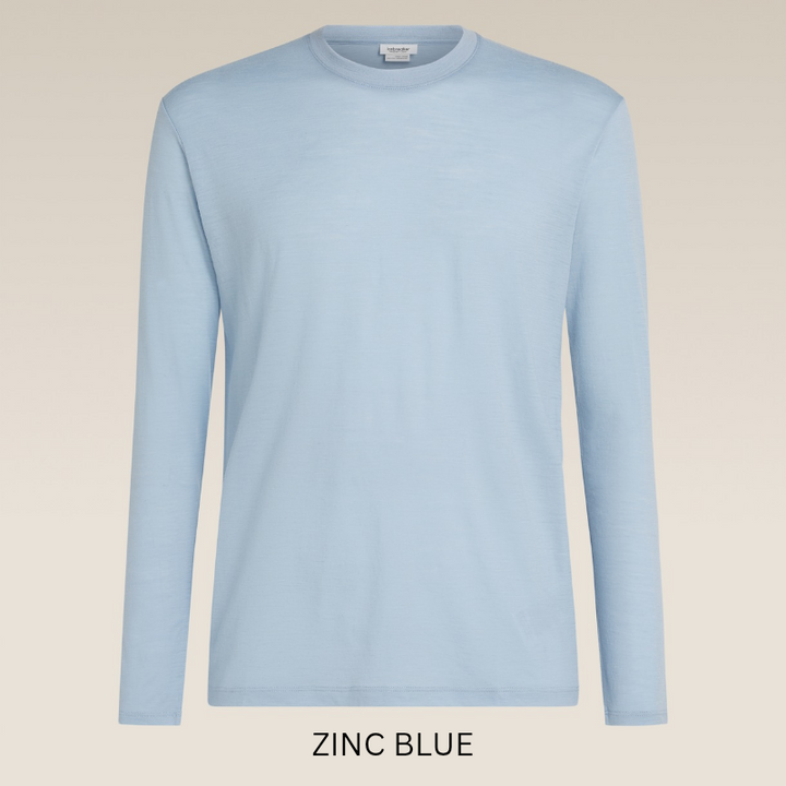 Icebreaker Unisex 150 Long Sleeve Tee showcasing its classic crew neck design and lightweight Merino wool construction.