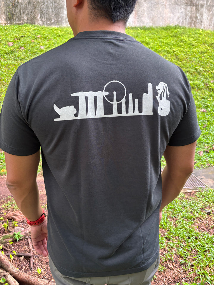 Dark Grey Montbell Singapore Icon Wickron T-shirt with white Singapore skyline graphic on the back.