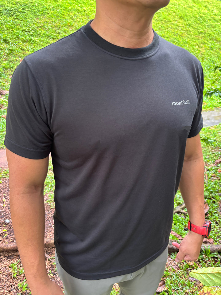 Black Montbell Singapore Icon Wickron T-shirt with white Singapore skyline graphic on the back.