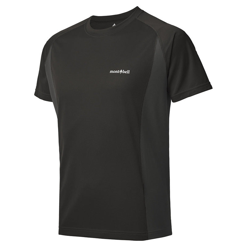 A black Montbell men's short-sleeved t-shirt designed for outdoor activities, made from Wickron Cool fabric.