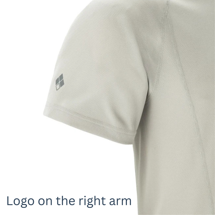 Montbell Men's Cool T light gray with logo appears on the right arm