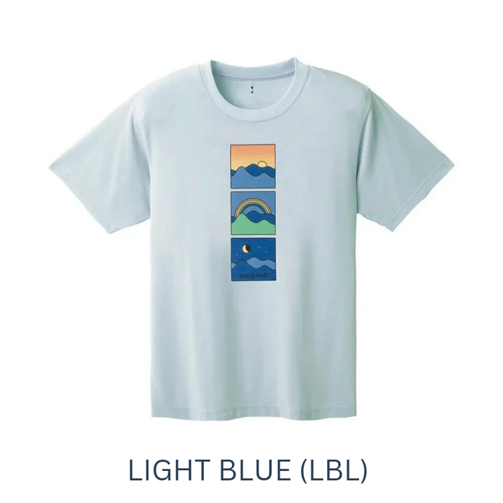 A light blue Montbell T-shirt with a graphic print featuring a rainbow, mountains, and a moon on the front.