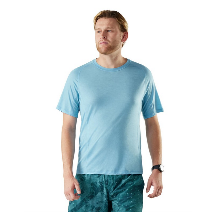 Smartwool Men's Active Ultralite Short Sleeve Tee (SW016544) in mineral blue. A lightweight, breathable merino wool blend t-shirt designed for active outdoor performance