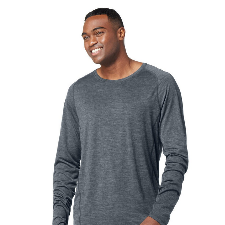 Smartwool Men's Active Ultralite Long Sleeve Tee (SW016546) model in Charcoal Heather. A lightweight, breathable merino wool blend t-shirt designed for active outdoor performance.